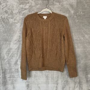 J Crew Brown Cable Knit Sweater Size Med Camel Lambswool Fisherman Old Money